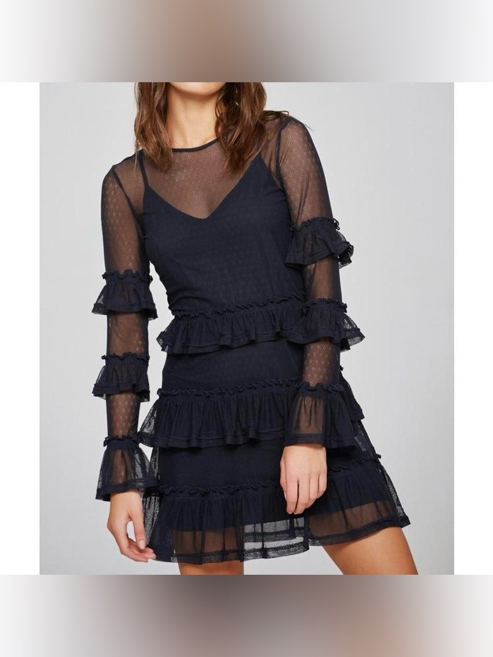 The Fifth Label Mesh Ruffle Tiered Mini Dress Navy Blue Sheer Size 4
